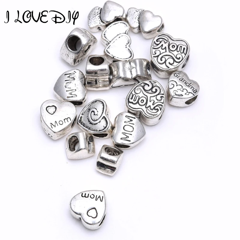 

Wholesale 30pcs Mix Size Heart shaped Loose Spacer Bead Metal Silver Plated Flower Big Hole Spacer Beads charm for Mom H0442