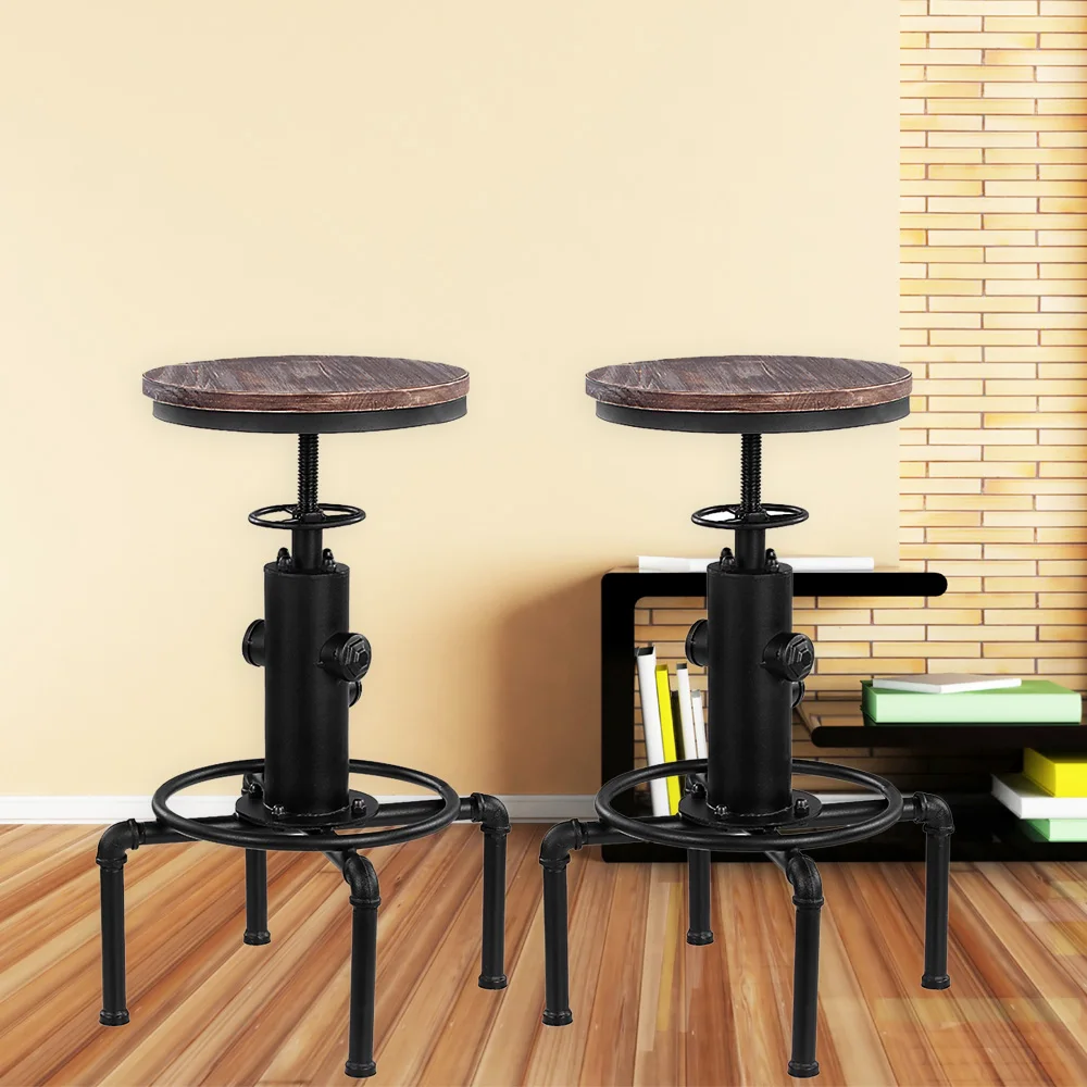 

iKayaa Metal Industrial Bar Stool Height Adjustable Swivel Pinewood Top Kitchen Dining Chair Pipe Style Barstool W/ Footrest