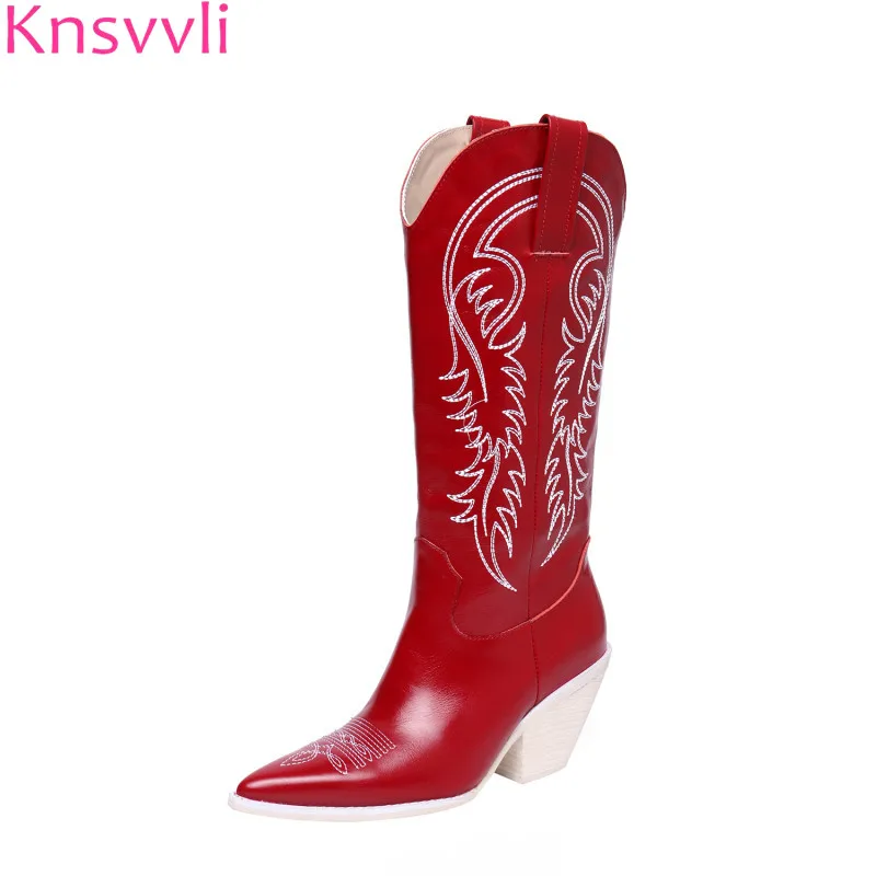 

Strange Style High Heel boots Pointy toe Punk long booties women Wedge Heel Slip on Embroidery Red Black Western Cowboy Boots