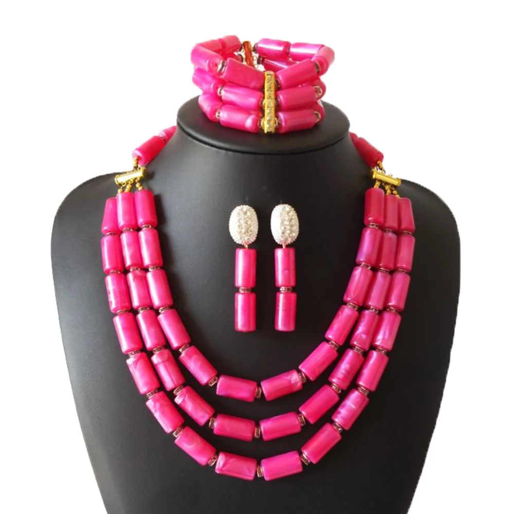 3 Rows Pink Faux Coral Nigerian Wedding Beads Bridal Costume Necklace Fashion African Jewelry Set For Women | Украшения и