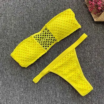 

Sexy Red Yellow Mesh Bikini 2020 New Off Shoulder Swimwear Women Bandeau Swimsuit Female Thong Bathing suit Summer Wear