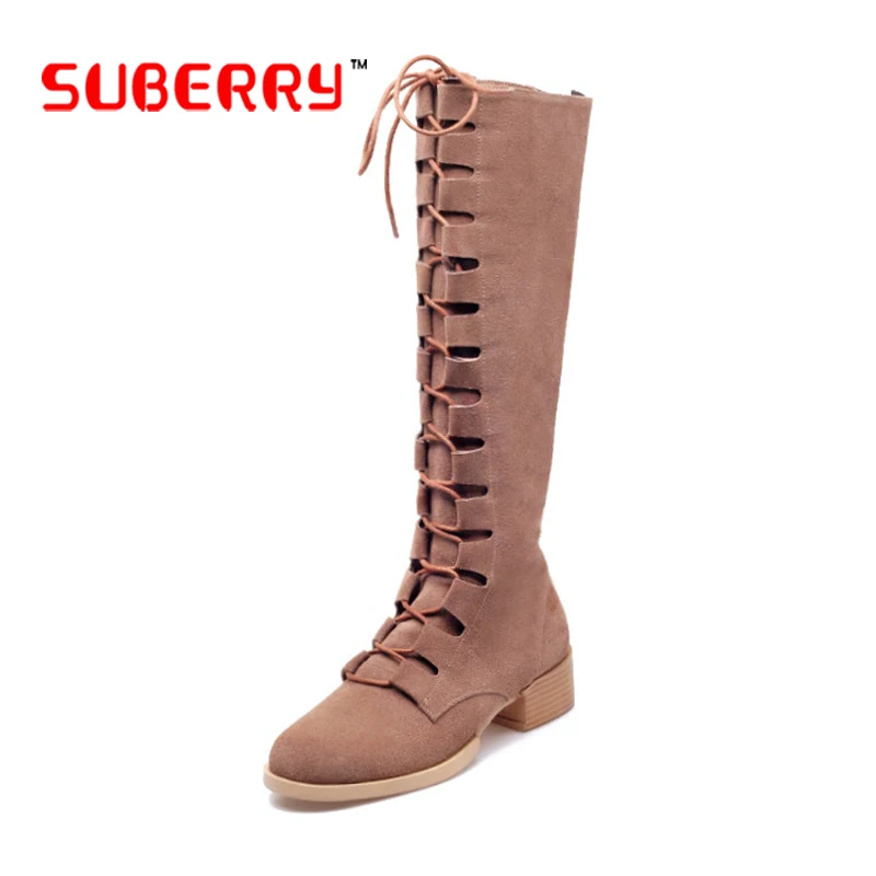 

2016 New Winter Lace Up PU+ Genuine Leather Boots Fashion Soft Leather Women Knee High Motorcycle Boots Comfortable Shoes Women