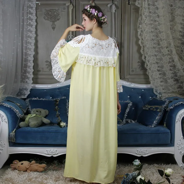 Осенняя хлопковая винтажная Женская длинная ночная рубашка с цветочным рисунком, элегантное платье для сна с рукавом три четверти, женская одежда для сна, большой размер 8028