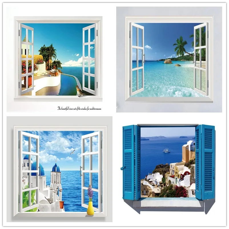 

3D Effect Beach Sea Window Landscape Scenery Wall Sticker Wallpaper Mural Waterproof Art Wall Paper Poster Home Decor Decals