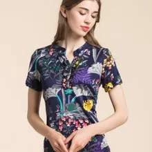 Новая шелковая футболка с коротким рукавом, Женская шелкопряда, шелковая нижняя рубашка с большим принтом, футболка с воротником