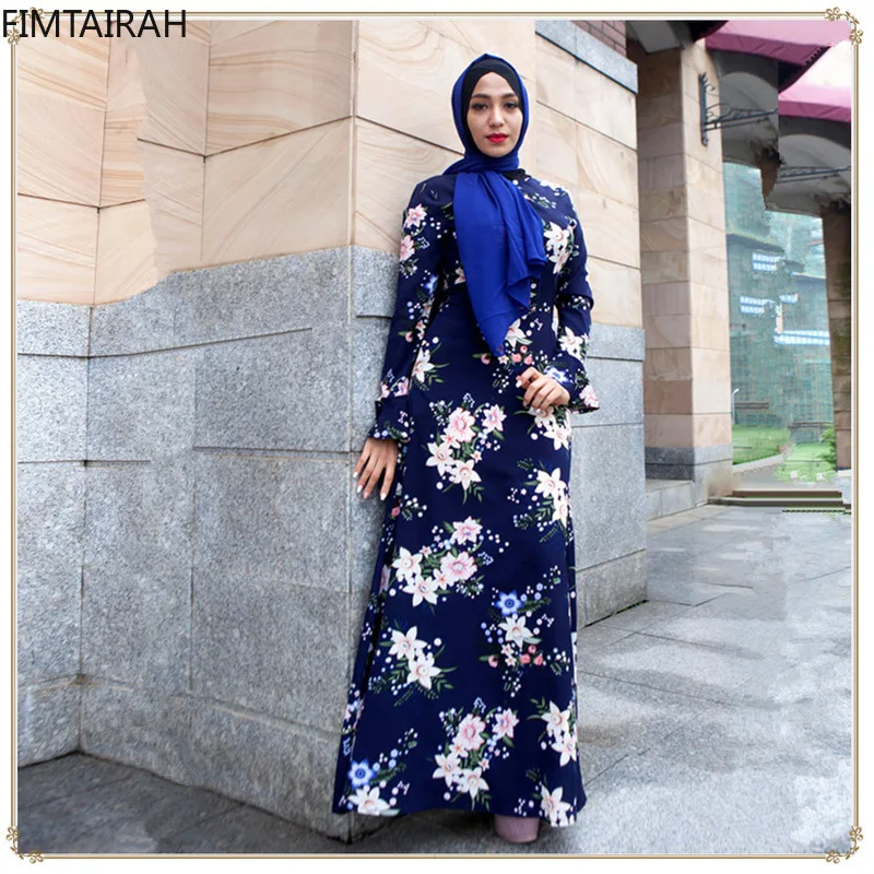 

LR116 New Fashion Women Long Muslim Dress Flare Sleeve Printed Abaya Jilbab Muslim Maxi Dress Kaftan party night Vestidos