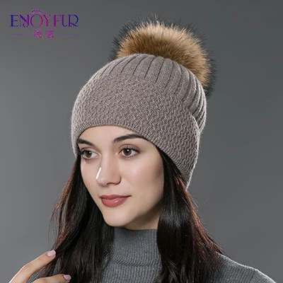 Женская шапка с помпоном ENJOYFUR, зимняя белая шапка-бини из шерсти и хлопка, с помпоном из натурального меха - Цвет: 04D