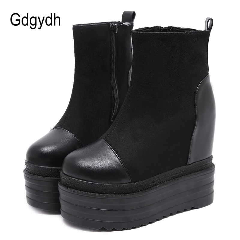 Gdgydh/ г.; осенние женские ботильоны на танкетке и платформе; Модные женские ботинки из флока с круглым носком; Прямая поставка; повседневная обувь черного цвета