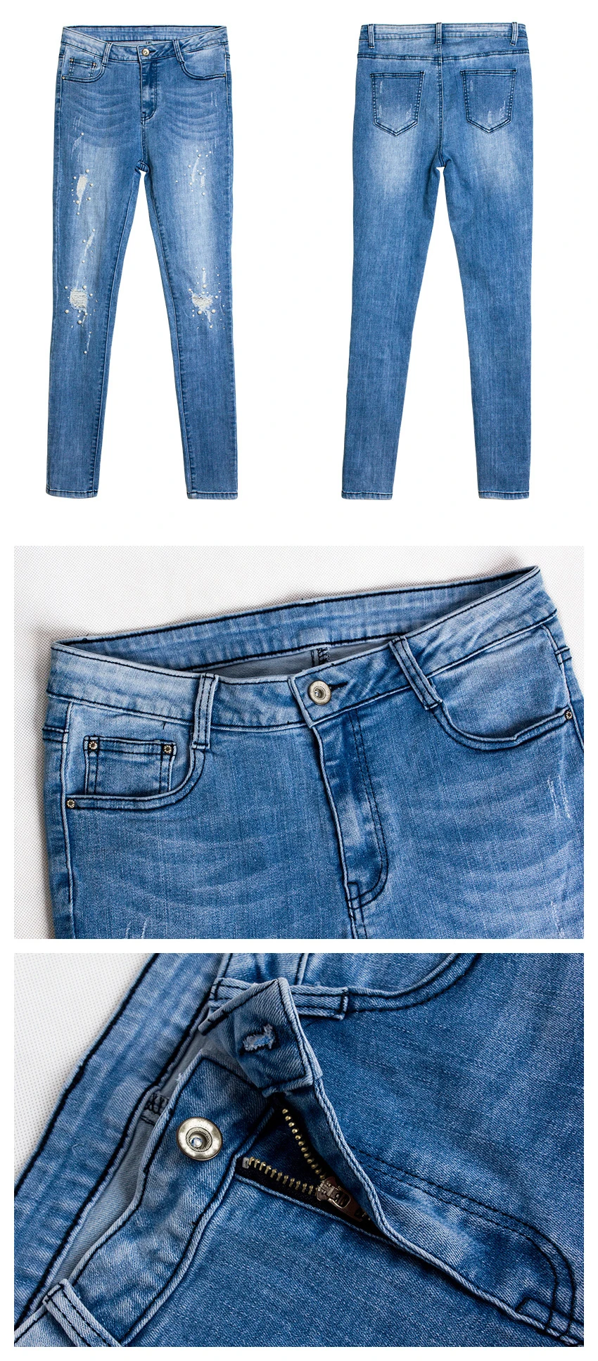 European and American women's wear high-waisted stretch pearl inlays irregularly worn holes wash cat whisker denim trousers (19)
