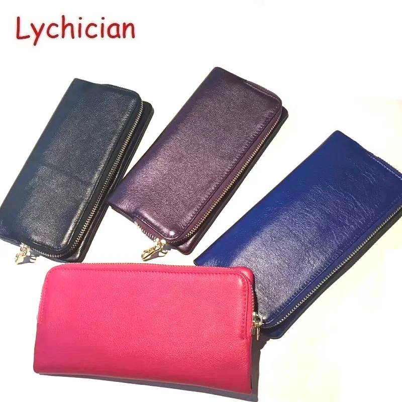 Women men unisex calfskin genuine leather long zipper wallet clutch