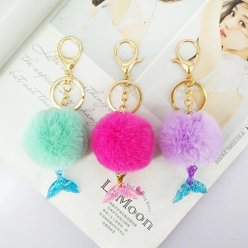 

Mermaid Pokemon Keychain Fur Pompom 5cm Ball Key Chains Decorative Pendant Women Bag Car Key Ornaments Fashion Jewelry Mom Gifts