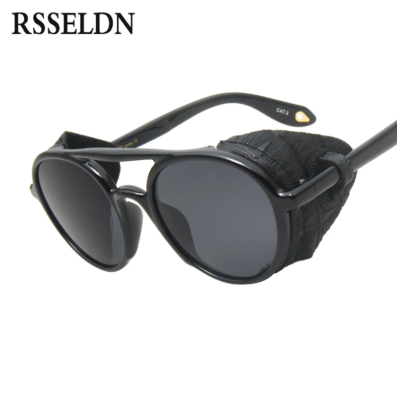 

RSSELDN Vintage SteamPunk Men Sunglasses 2019 Fashion Leather With Side Shields Style Round Sun glasses For Women UV400 Oculos
