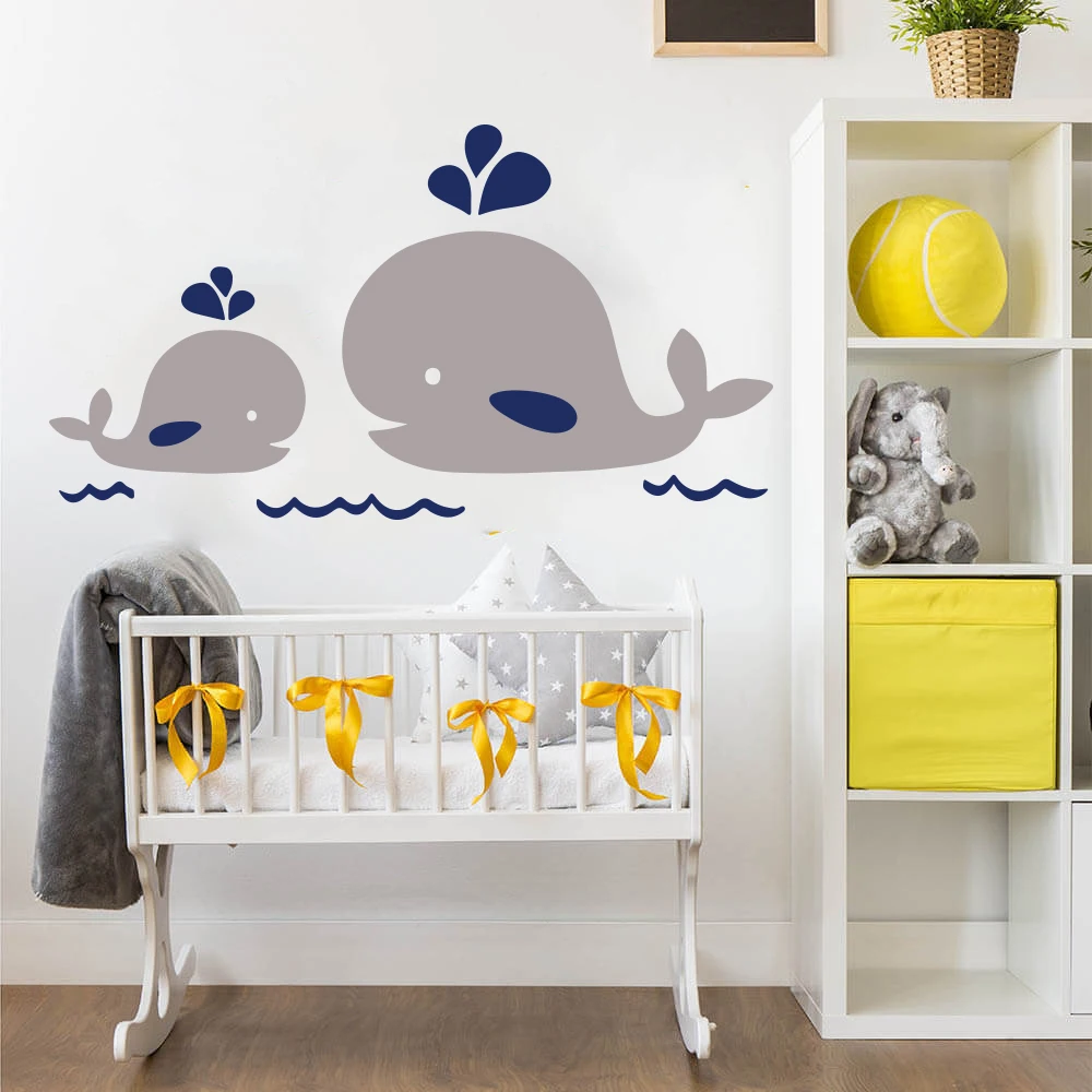 Cartoon Nautical Mom Baby Whale Wall Decal Nursery Kids Room Large Whale Fish Marine Sea Family  Wall Sticker Bedroom Vinyl Art (3)