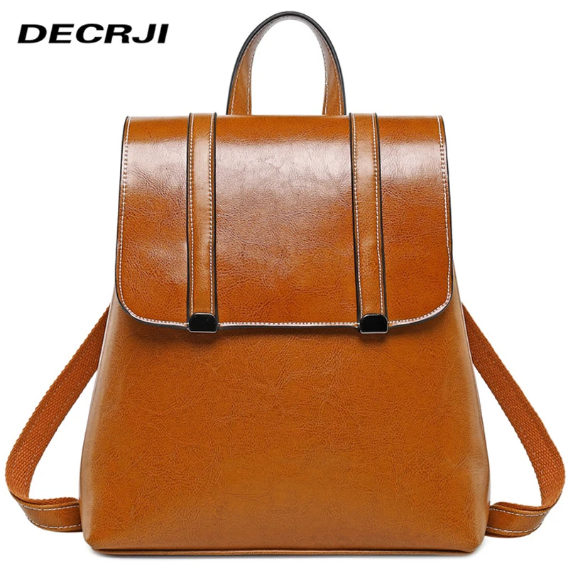 Bolsa de Couro Genuíno para Mulheres Decrji Mochila Moda Cera Óleo Vaca Couro Feminino Bagpack Viagem Grande Capacidade Escolar 2020