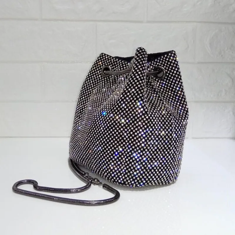 2019 New Black and Silver Super Flash Rhinestone Chain Bag Bucket Bag Women Purses and Handbags