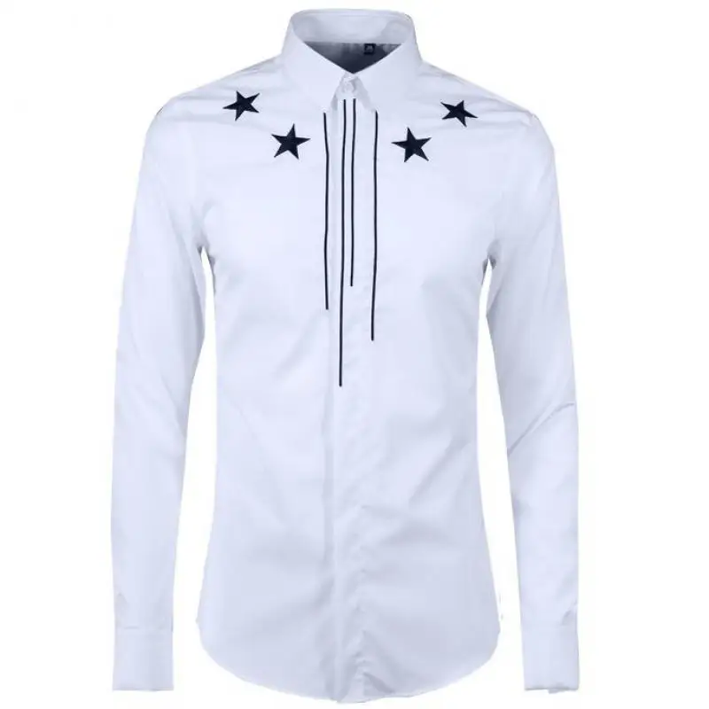 

Luxury 100% Cotton Shirt Men Fashion New Pentagram And Vertical Line Long Sleeve Man Shirts White Black Slim Fit Casual Shirt