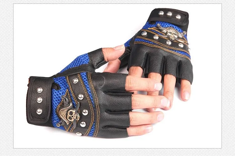 JIAZHOUHU Skulls Rivet PU Leather Fingerless Gloves Men Women Fashion Hip Hop Women's Gym Gloves Half Finger Men's Gloves