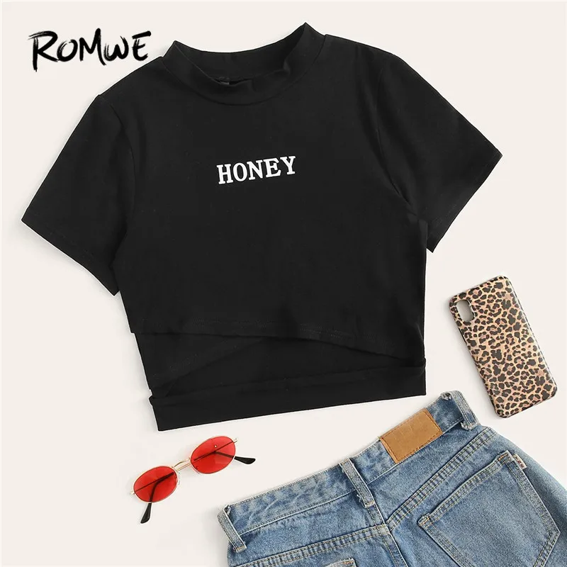 

ROMWE Wrap Cut Out Front Letter Crop Tee 2019 Slim Fit Swish Black Short Sleeve Tees Women Summer Chic Stand Collar T Shirt