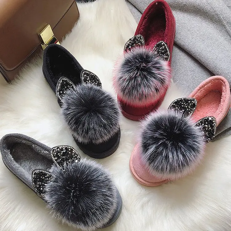 

Women's Platform Cotton Shoes Winter Korean Cartoon Shoes Plus Velvet Peas Shoes Warm Rhinestones Home Personality Women Shoes