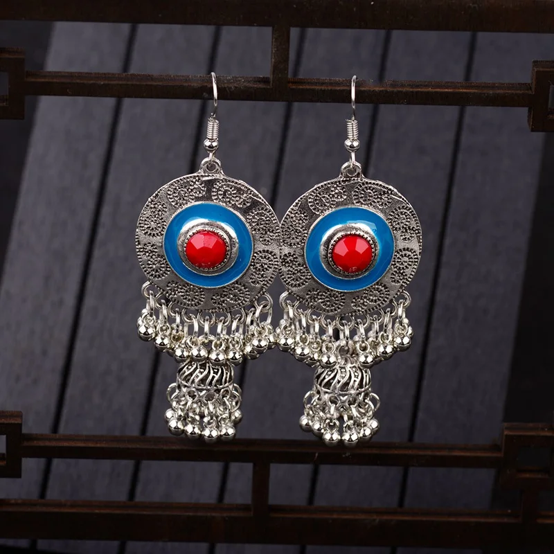 

TopHanqi Boho Indian Jhumka Long Small Bells Tassel Drop Earring For Women Handmade Ethnic Round Red Evil Eye Dangle Earrings