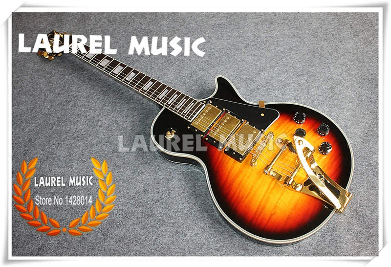 Classic Design Electric Guitar Vintage Sunburst Tiger Flame With 3 Pickups & Golden Bigsby Tremolo Left Handed Available