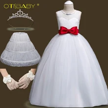 Детское кружевное длинное вечернее платье без рукавов; белые пышные Детские платья больших размеров для девочек; Бальные платья для свадебной вечеринки; платье для подростков