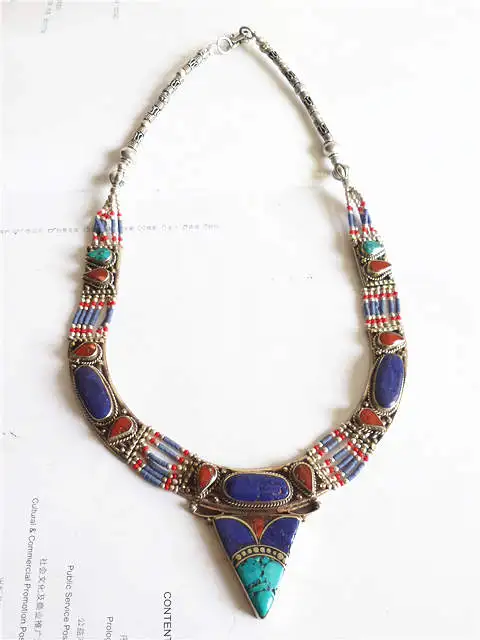 

TNL192 Tibetan Jewelry Nepal Indian Copper Inlay Colorful Stone Necklace