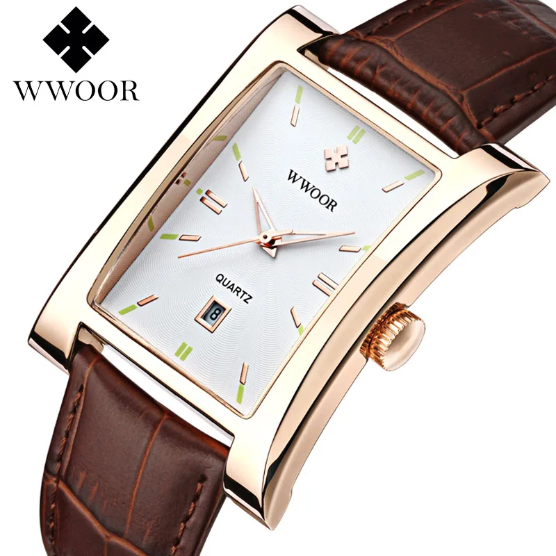 WWOOR Top Brand Luxury Men's Square Quartz Watch Men Waterproof Genuine Leather Casual Sports Business Wrist Watch Date Clock - Цвет: white gold