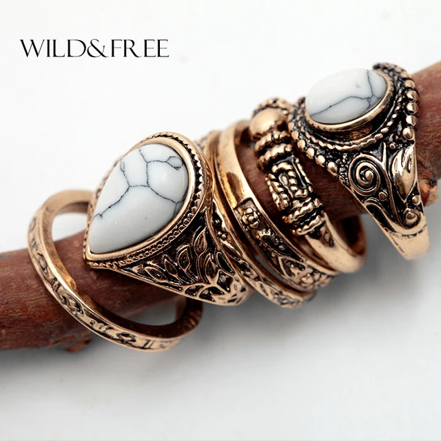 Women 6pcs Vintage Finger Ring Set Antique Gold Silver Plain Circle Knuckle Bohe Women 6pcs Vintage Finger Ring Set Antique Gold Silver Plain Circle Knuckle Bohe