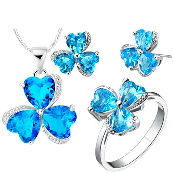 

New Silver Color Flower Jewelry Sets For Women with AAA Cubic Zircon Fashion Clover Ring/Pendant/Necklace/Earrings for Wedding