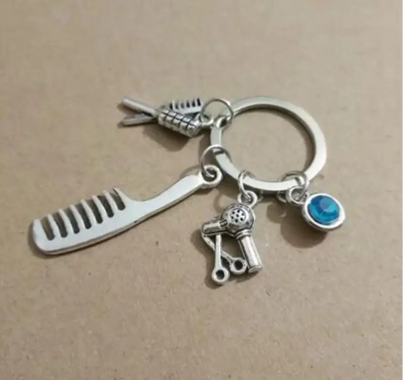 

Barber scissors comb hair dryer curling iron Keychain For Keys Car Bag Charm Key Ring Handbag Couple Key Chains Jewelry