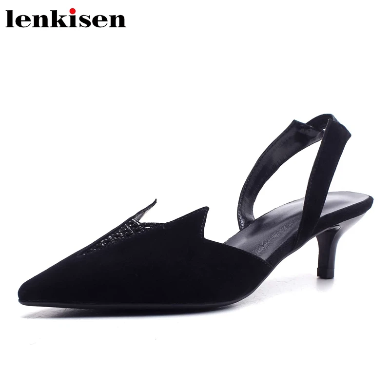 

Lenkisen 2018 simple style kid suede elastic band solid med heels summer brand shoes dancing elegant meeting women sandals L45