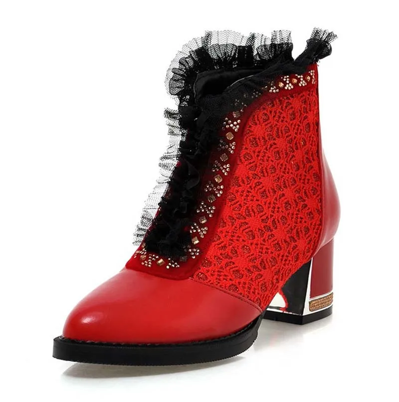 

ENMAYER Rhinestone Lace Big size34-47 4 color retro Fashion Ankle boots for women Winter Pointed Toe platform boots sale Martin