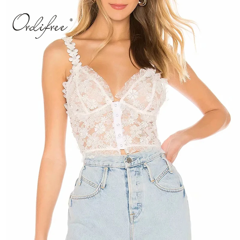 

Ordifree 2019 Summer Women Lace Tank Top Sexy White Camisole Diamond Crochet Vest Top Camis