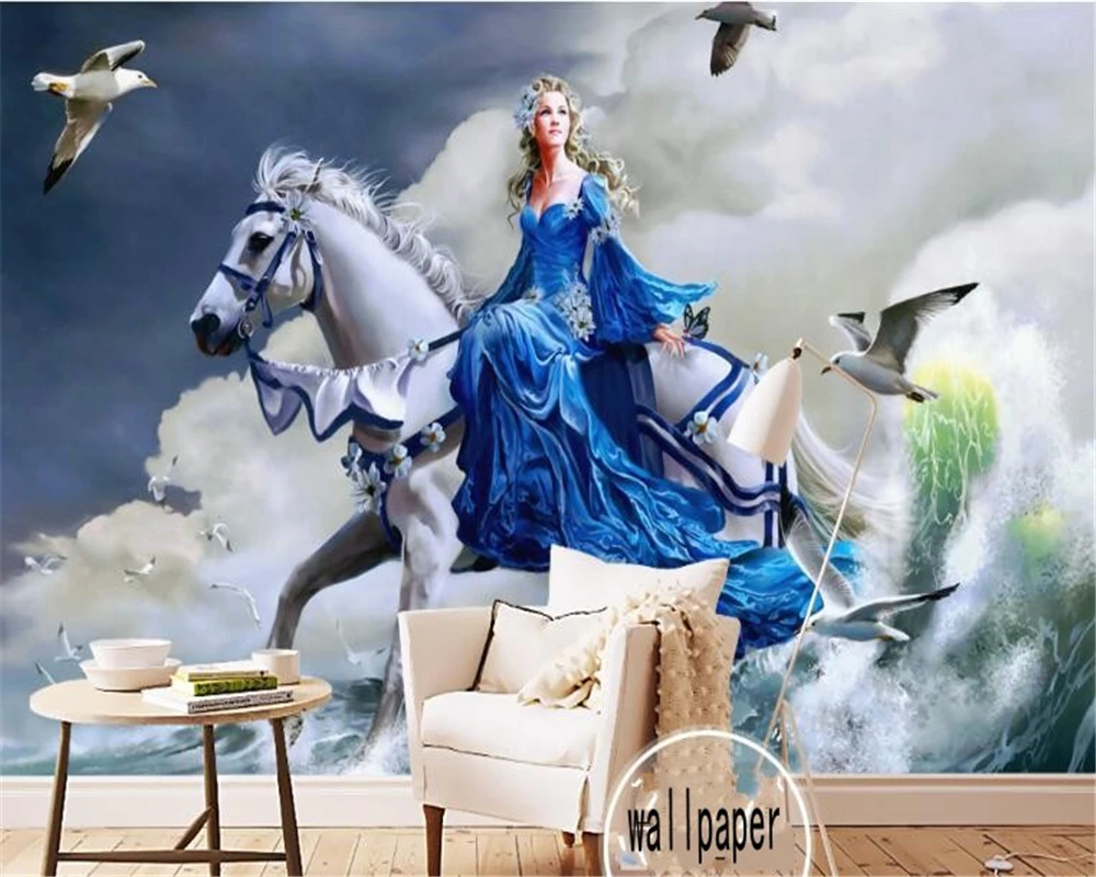 

beibehang European-style hand-painted large waves riding white horse woman 3D wallpaper mural bar nightclub 3d wallpaper