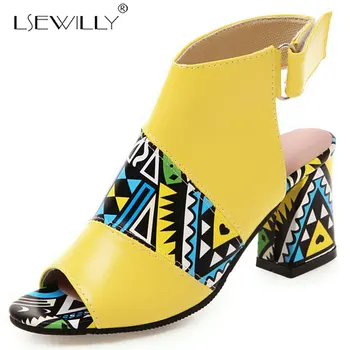 

Lsewilly New 2019 Open-toed Print PU Leather Women Summer Shoes Thick High Heel Sandals Purple Yellow Green Size 34-43 E970
