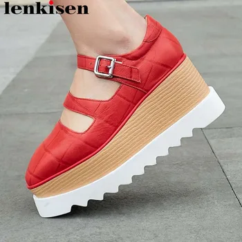 

Lenkisen natural leather buckle strap square toe European style high bottom wedges waterproof fashion runway increased shoes L19