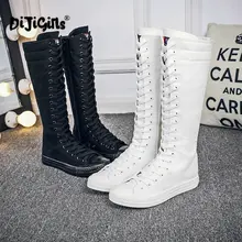 Новые женские модные высокие ботинки на молнии и шнуровке весенне-осенние повседневные парусиновые ботинки с высоким голенищем на плоской подошве большие размеры; Прямая поставка