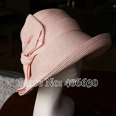Летняя бумажная Плетеная соломенная шляпа с бантом для женщин с широкими полями, женские шляпы с широкими полями, ELDS007 - Цвет: pink