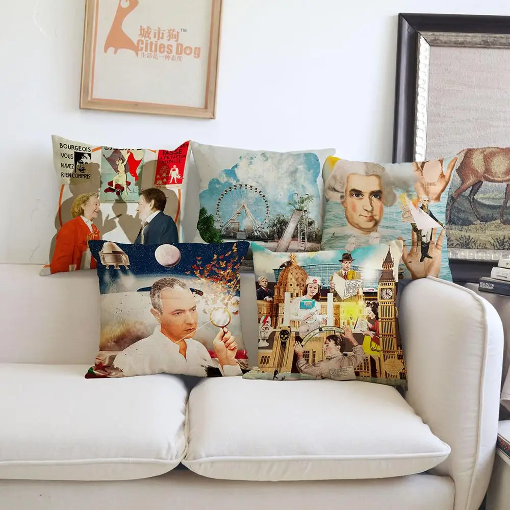 cheap Retro illustration cushion cover Pillow linen Laurindo Feliciano vintage style collage art Home sofa Decoration cushions covers