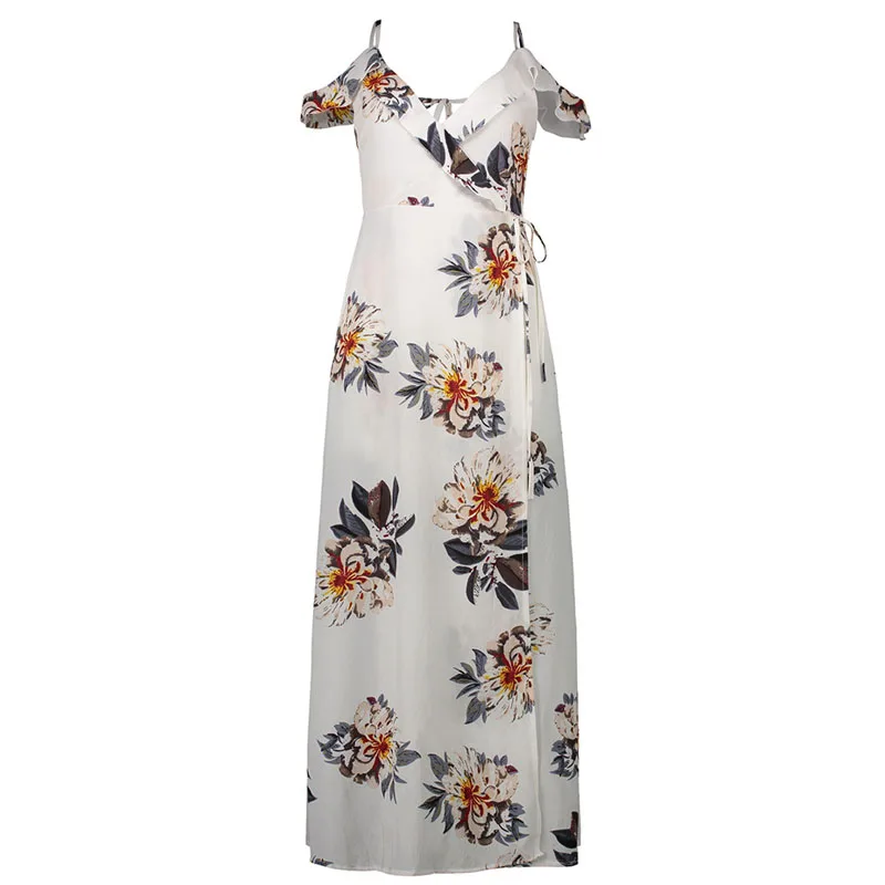 2017 Maxi Dresses Floral Print Halter Chiffon Long Dress Women Backless Vestidos Mujer Sexy White Split Beach Summer | Женская одежда