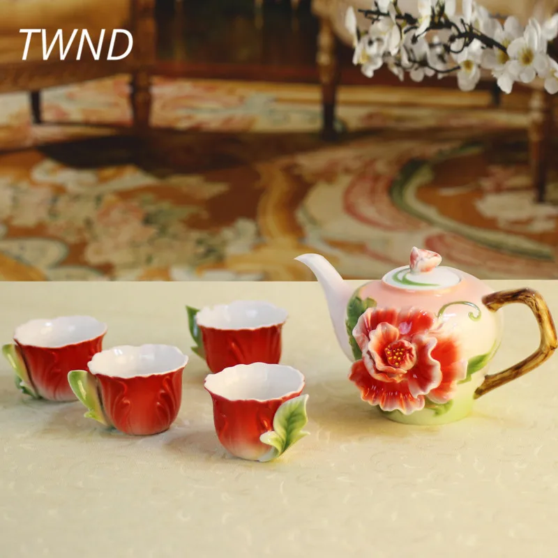 

Bone china peony teapot cups sets kung fu kettle mugs saucer tie guan yin puer tea black tea drinkware