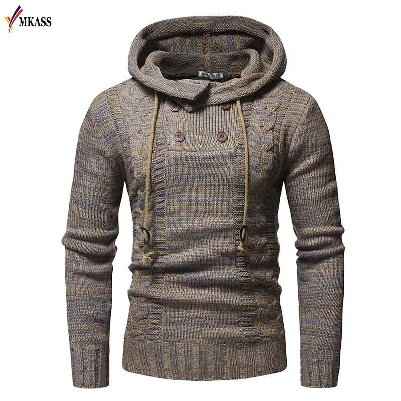 2018 Mens Wool Sweater Pullover Long Sleeve Hooded Sweatcoat Sweater Jumper Knitwear Winter Cashmere Outerwears Male M-XXL