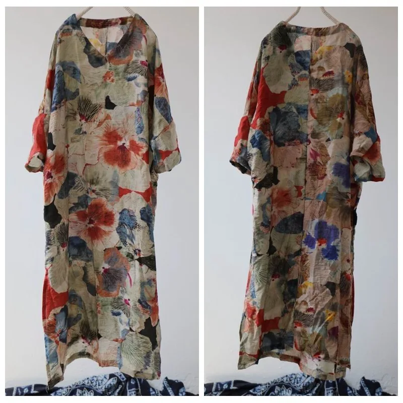 Женское свободное платье из вискозы и льна с V образным вырезом|linen dress|linen dresses for