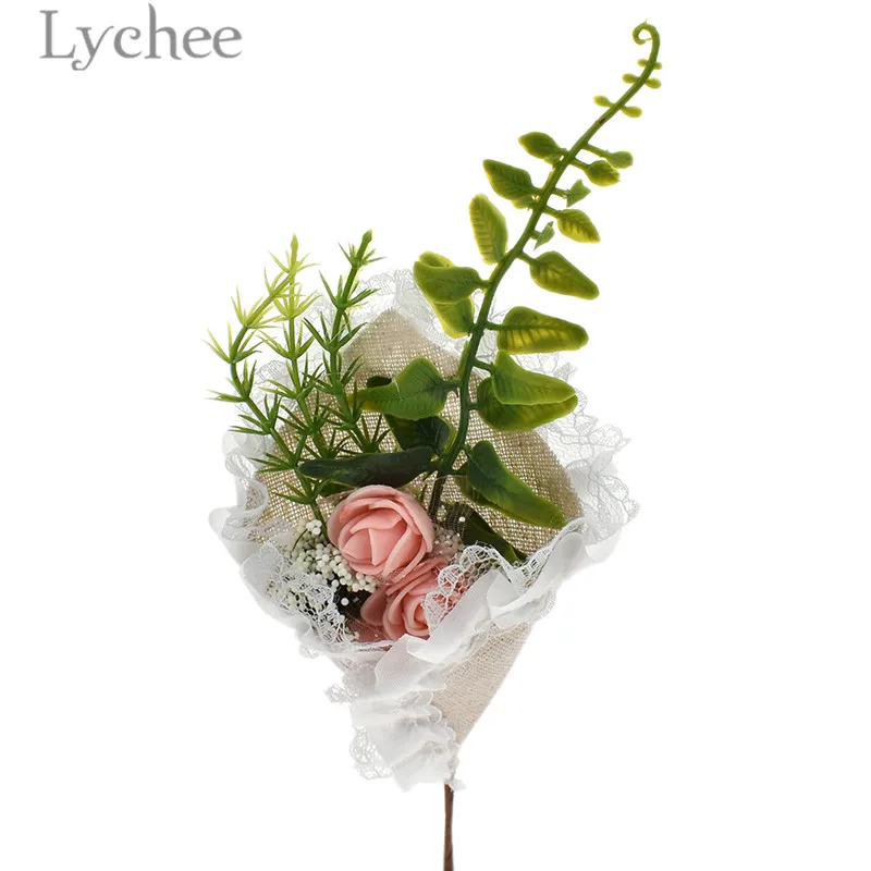 

Lychee Lace Trim Simulation Flower Boutonniere Leaves Rose Bridegroom Boutonniere Wedding Bride Wrist Flowers