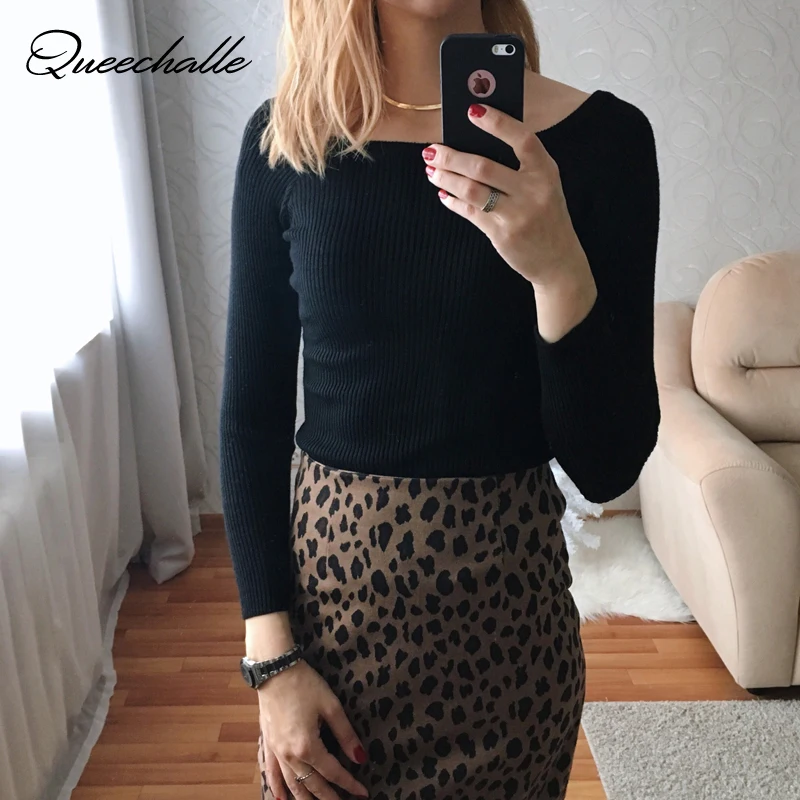 

Queechalle M - XXL Size Solid Women's Pullovers and Sweaters Autumn Sexy Slash neck Long Sleeve Slim Knitted Sweater Lady's Tops