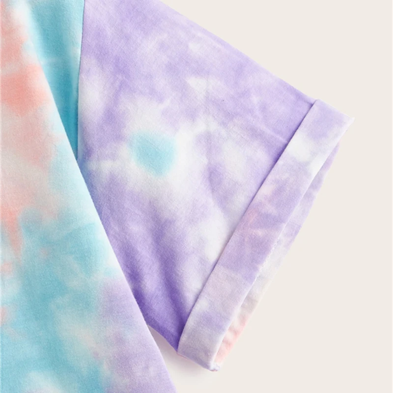 ROMWE, разноцветная футболка с надписью Tie Dye, женская летняя футболка, круглый вырез, короткий рукав, футболки в стиле бохо, Повседневная Уличная одежда, топы