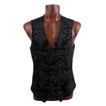 

Steampunk Blue Black V-neck Men's Palace Vest Visual Fashion Printing Buttons Slim Top Jacket Waistcoats