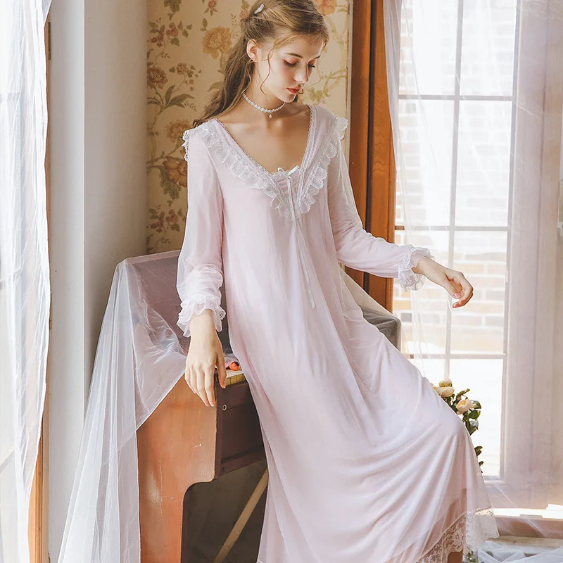 Autumn New Sexy Lace Princess Night Dress Victorian Sleep Wear Vintage Nightgown Long Sleeve White Sleep Shirt Home Wear