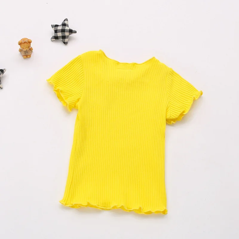 Одежда для маленьких девочек; футболка с короткими рукавами; однотонные мягкие топы для маленьких детей; летняя футболка; Вязаная Детская рубашка с волнистым узором; Одежда для новорожденных